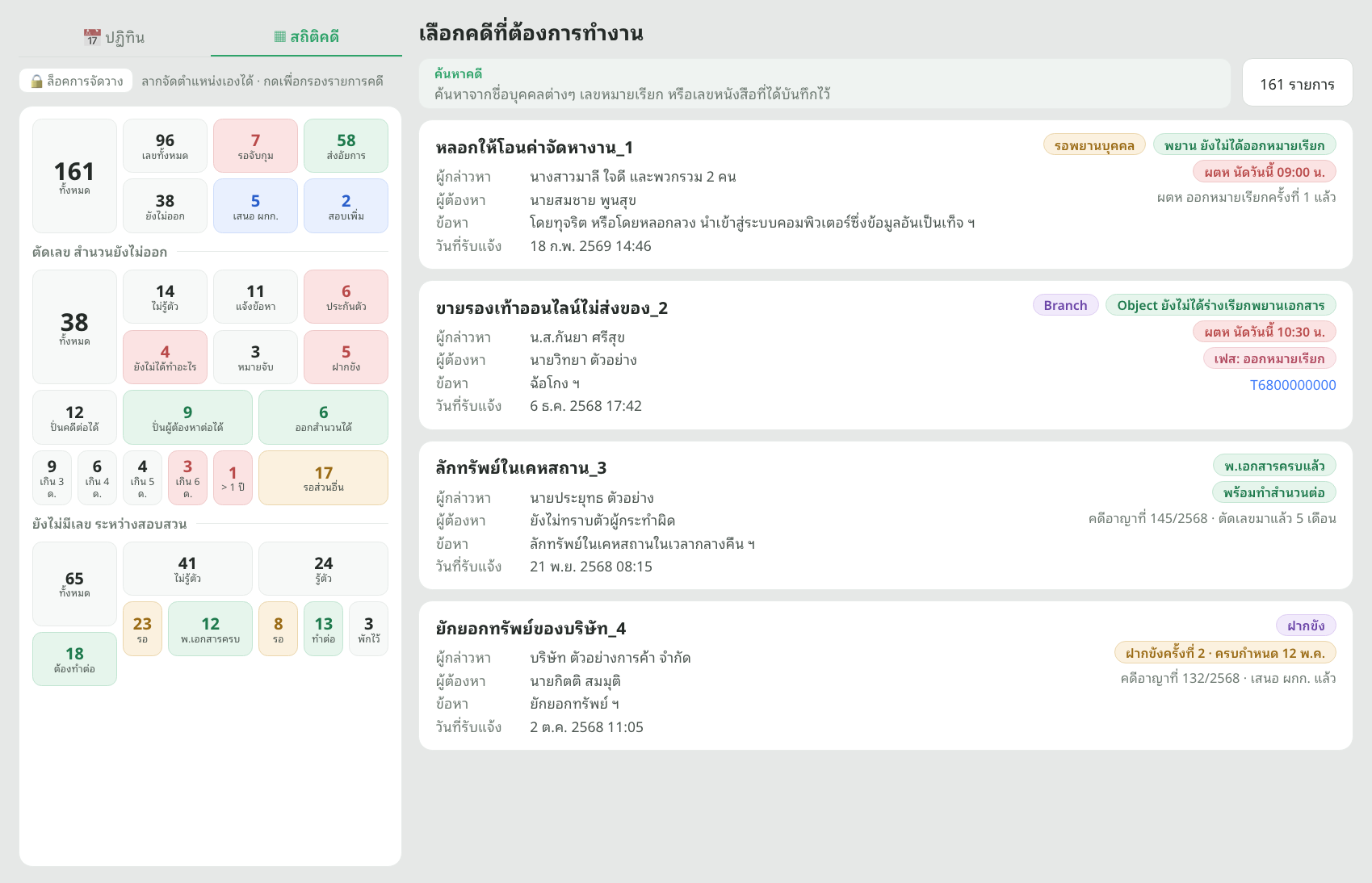 หน้าสถิติคดี บล็อคนับจำนวนคดีตามเงื่อนไข คู่กับรายการคดี